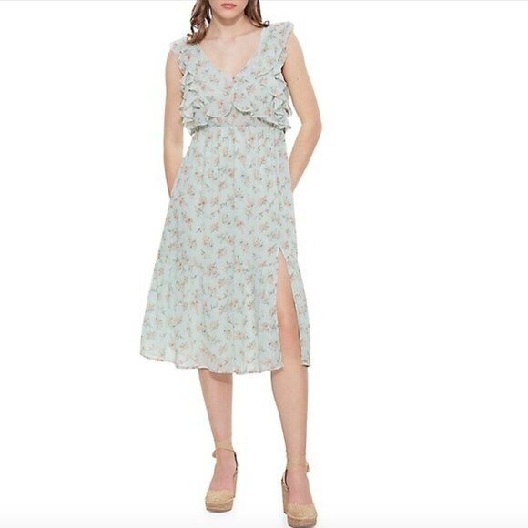 Dex Ruffled-Bodice Tie-Back Floral Dress Midi Mint Floral XL - Picture 1 of 15